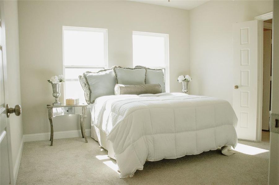 Bedroom with light colored carpet