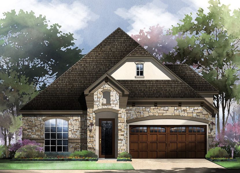 Front exterior rendering of the Monza garden home in Davis Ranch, San Antonio Front exterior rendering of the Monza garden home in Davis Ranch, San Antonio