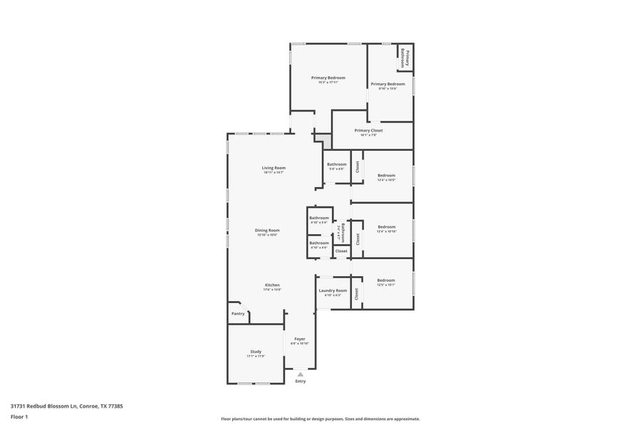 This floor plan features a single-story layout with four bedrooms and two and a half bathrooms. The primary bedroom includes an en-suite bathroom and a large closet. The open living and dining area connects to a spacious kitchen. Additional rooms include a laundry room and a study. The layout is practical for family living. This floor plan features a single-story layout with four bedrooms and two and a half bathrooms. The primary bedroom includes an en-suite bathroom and a large closet. The open living and dining area connects to a spacious kitchen. Additional rooms include a laundry room and a study. The layout is practical for family living.