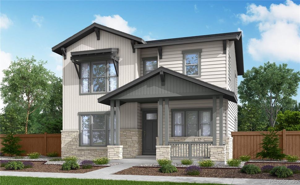 Front exterior of a new home in Crescendo at The Aurora Highlands, Aurora, CO, highlighting curb appeal (Image 6).