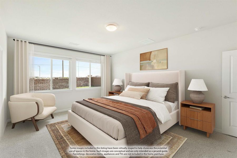 Bedroom with upholstered bed, carpet flooring, two windows, and wood nightstands