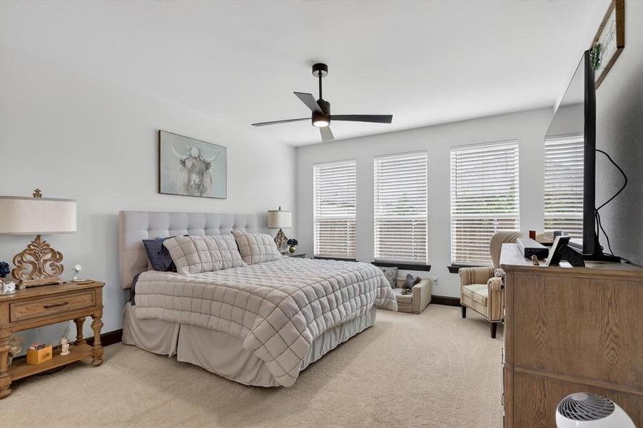 Bedroom featuring three large windows with horizontal blinds, light-colored walls, and a ceiling fan with integrated lighting