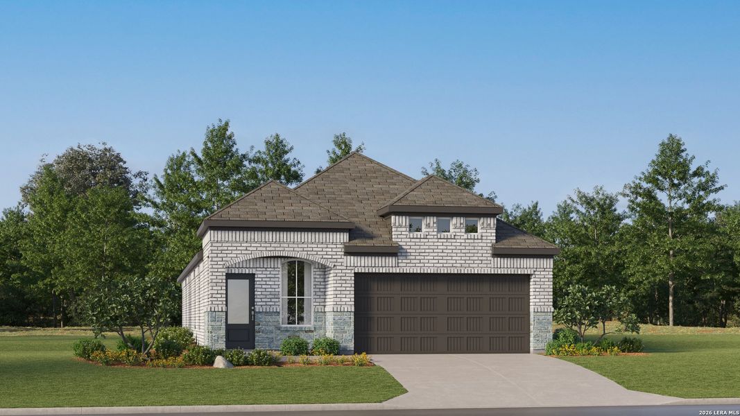 Front exterior of a new home in Pleasanton Meadows, Pleasanton, TX, highlighting curb appeal (Image 28).