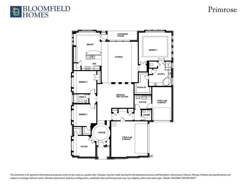 Bloomfield Homes Primrose floor plan with three bedrooms, family room, kitchen, study, and two-car garage.