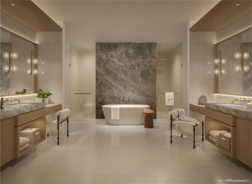 Primary Bathrooms With Custom Italian Vanities, Walk-In Showers & Private Water Closets Primary Bathrooms With Custom Italian Vanities, Walk-In Showers & Private Water Closets