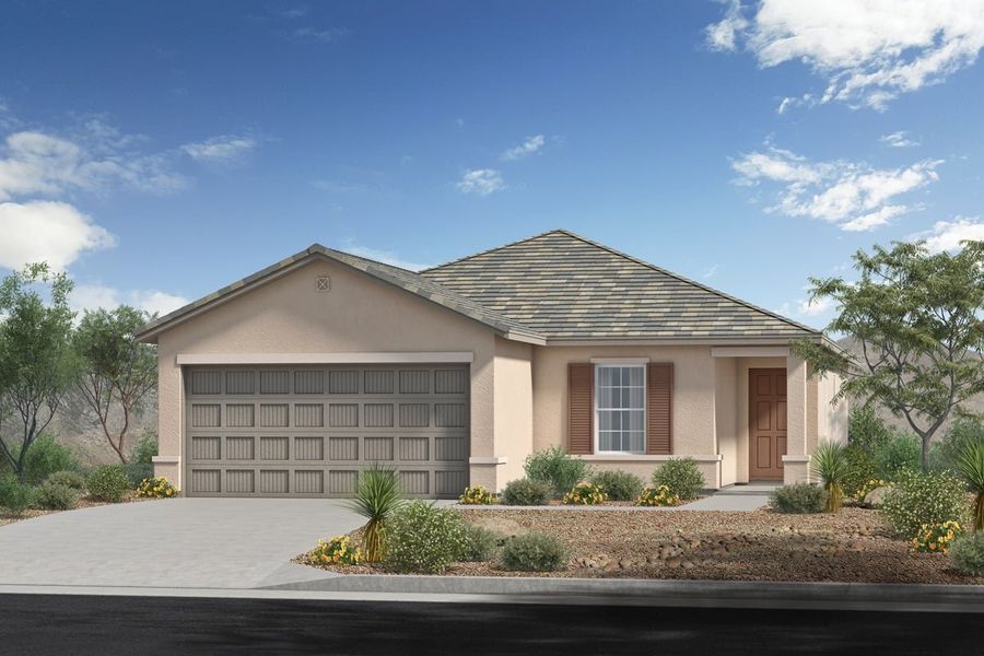 Front exterior of a new home in Entrada Del Pueblo at Rancho Sahuarita, Sahuarita, AZ, highlighting curb appeal (Image 1).