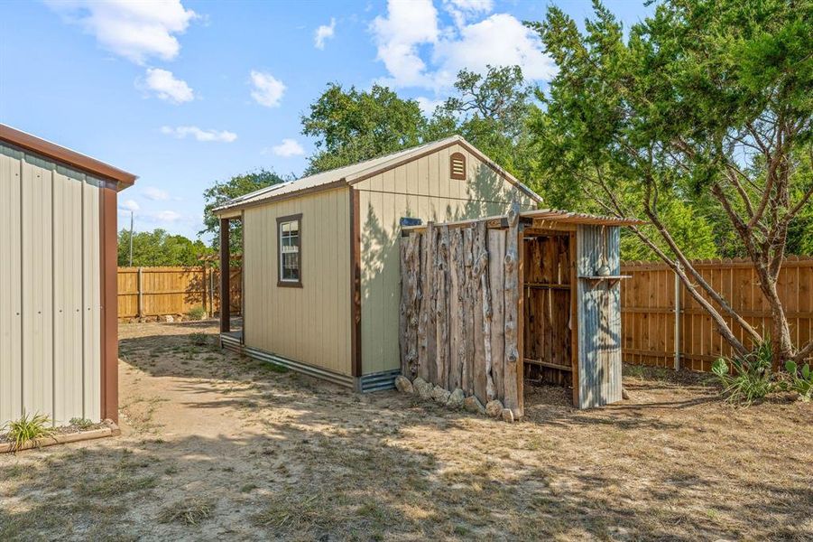 View of outbuilding with a fenced backyard
