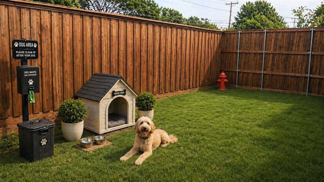 Located just off the laundry room, this sizeable side yard is perfect to let dogs and kiddos safely enjoy the outdoors without worrying about rogue pool cannonballs.  ;)