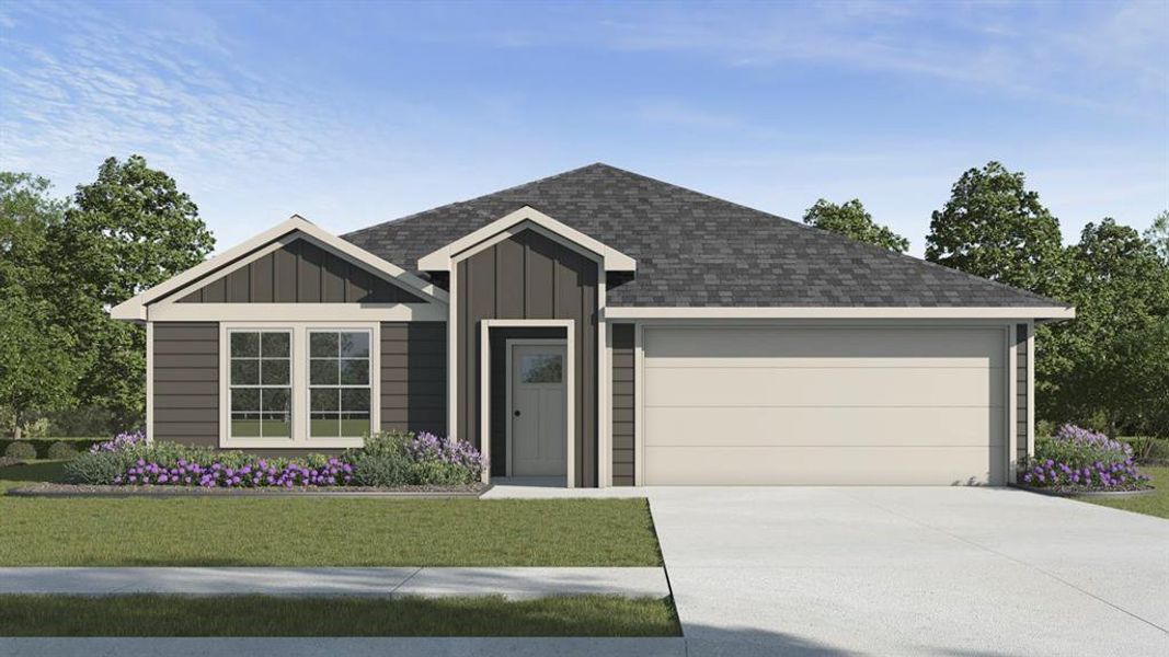 Contemporary ranch-style home featuring a two-car garage, dark siding, and a gabled roofline Contemporary ranch-style home featuring a two-car garage, dark siding, and a gabled roofline