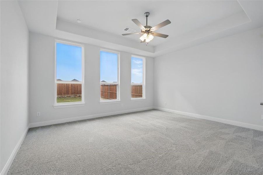 Spare room with carpet flooring, a raised ceiling, a ceiling fan, and visible vents