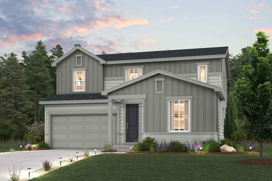 Front exterior of a new home in Prairie Song, Windsor, CO, highlighting curb appeal (Image 1). Front exterior of a new home in Prairie Song, Windsor, CO, highlighting curb appeal (Image 1).