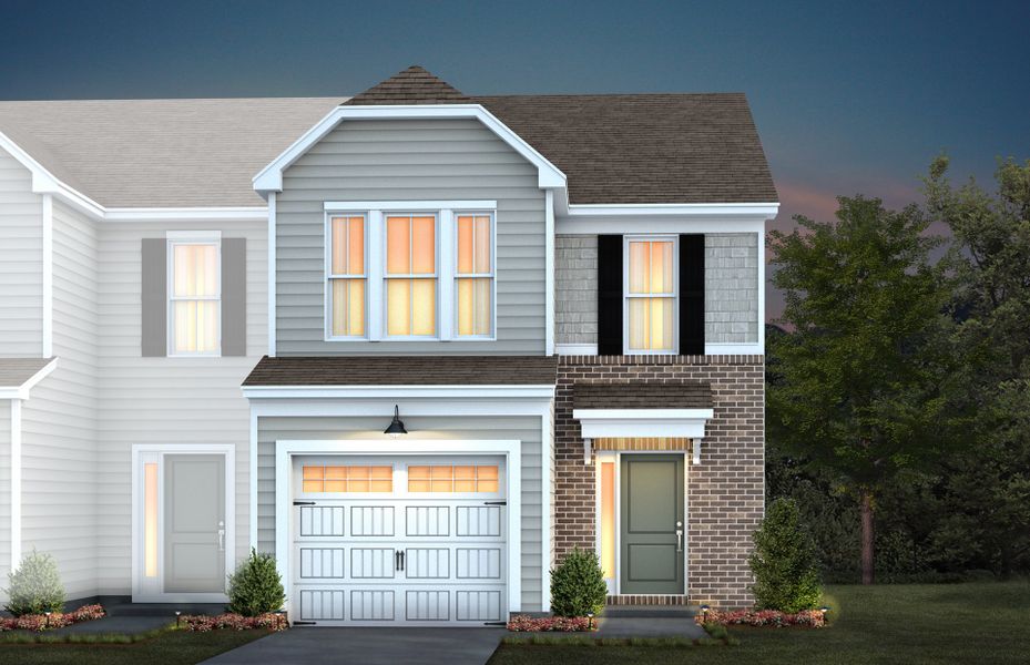Front exterior of a new home in Exchange at 401, Raleigh, NC, highlighting curb appeal (Image 2). Front exterior of a new home in Exchange at 401, Raleigh, NC, highlighting curb appeal (Image 2).