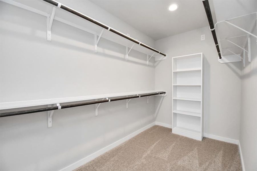 Experience luxury in this spacious walk-in closet with high ceilings and plush carpet. Warm paint tones, built-in shelving, recessed lighting, and dark finishes create a contemporary and functional retreat.