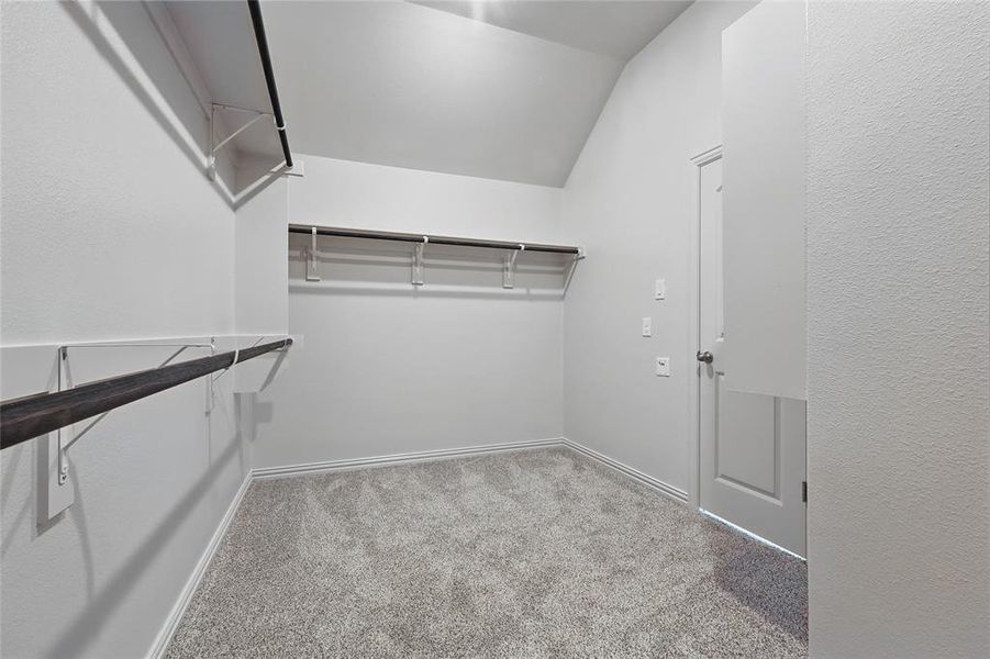 Walk in closet featuring carpet and vaulted ceiling Walk in closet featuring carpet and vaulted ceiling