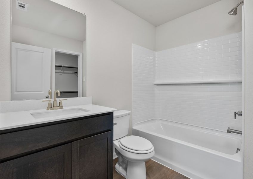 The master bathroom has a great vanity space with a shower-tub combo.
