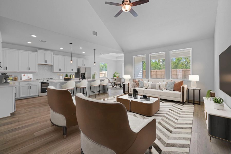 Open concept living space. Note: Sample product photo. Actual exterior and interior selections may vary by homesite. Photo may be virtually staged