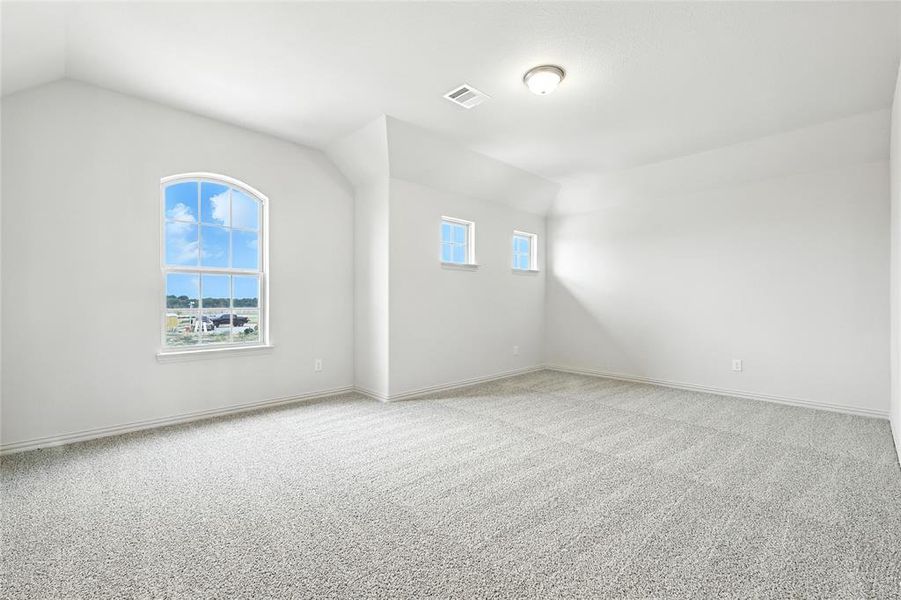 Empty room with carpet flooring and lofted ceiling