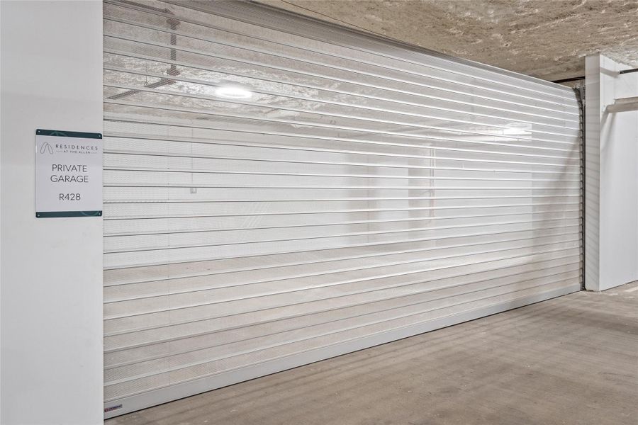 Private interior garage with storage and one assigned parking space.