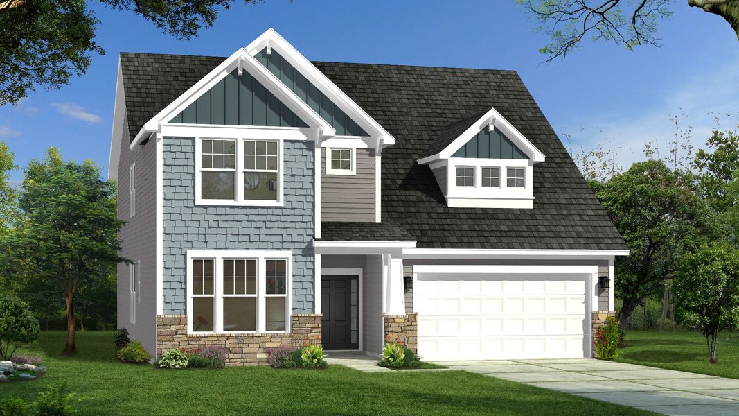 Representative exterior photo of a completed home built from the Drayton by DRB Homes in Michaux Gardens, Belmont, NC (Image 3). Representative exterior photo of a completed home built from the Drayton by DRB Homes in Michaux Gardens, Belmont, NC (Image 3).