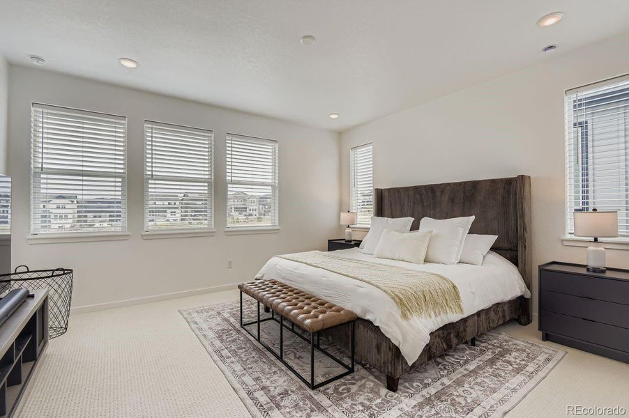 The vibrant primary bedroom serves as a serene retreat, blending comfort, space, and natural light.