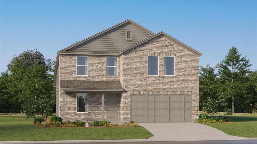 Front exterior of a new home in Cypress Green, Hockley, TX, highlighting curb appeal (Image 1). Front exterior of a new home in Cypress Green, Hockley, TX, highlighting curb appeal (Image 1).