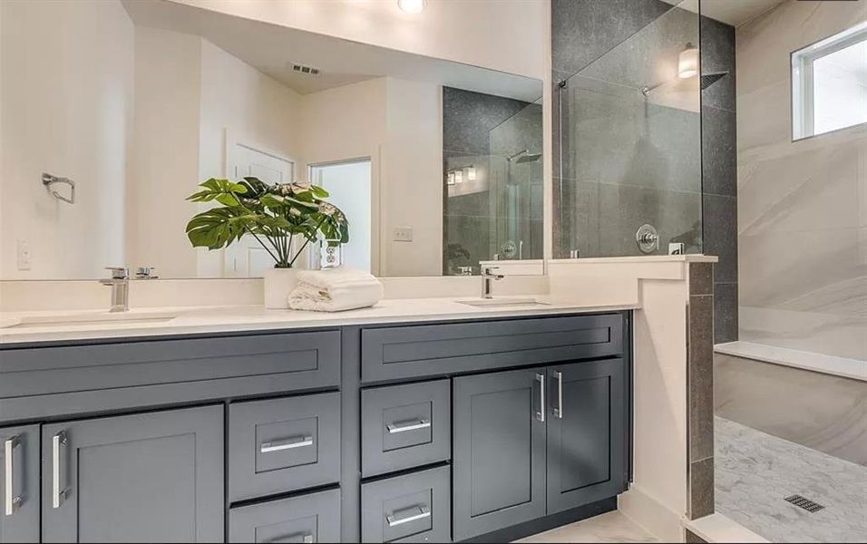 Bathroom with a shower with shower door and double vanity