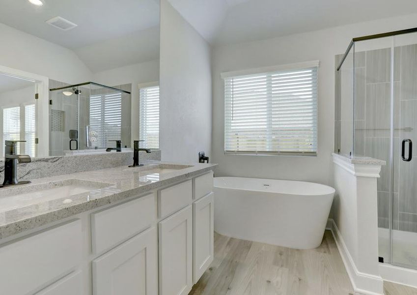 Master bathroom with two sinks, a soaking tub, and walk-in shower.