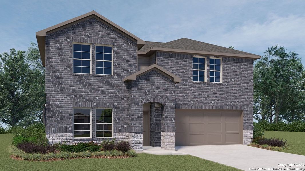 Front exterior of a new home in Brookstone Creek, San Antonio, TX, highlighting curb appeal (Image 1).