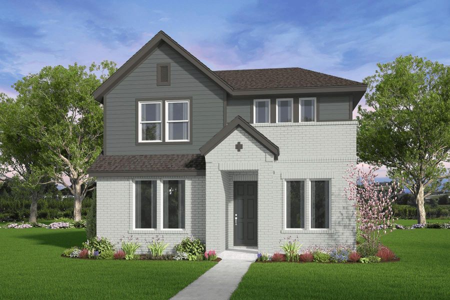 Front exterior of a new home in 40' Alley Load Homes at Elyson, Katy, TX, highlighting curb appeal (Image 1).