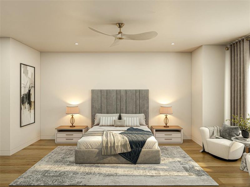 Recessed lighting illuminates the space, complemented by a ceiling fan