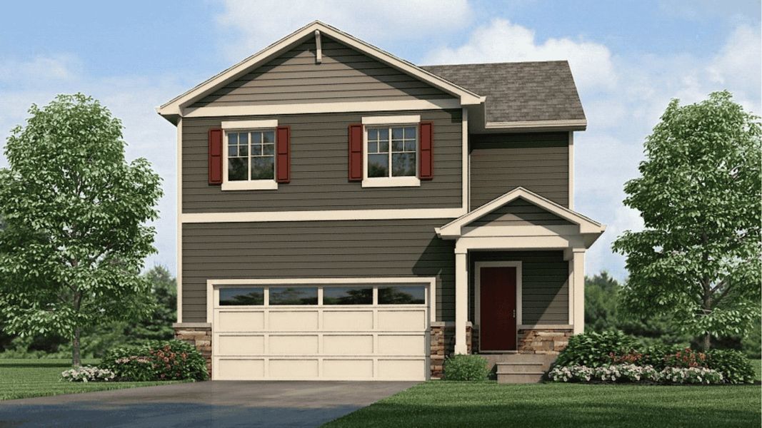 Front exterior of a new home in Granary, Johnstown, CO, highlighting curb appeal (Image 2). Front exterior of a new home in Granary, Johnstown, CO, highlighting curb appeal (Image 2).