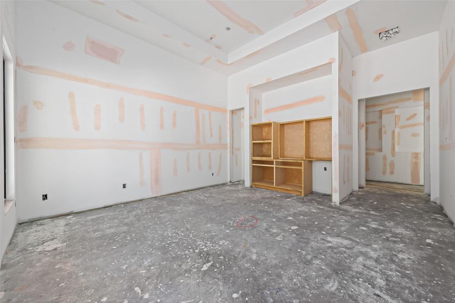 Media room displays built-in shelving and closet for extra storage space