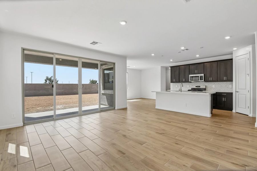 Great room, kitchen and dining