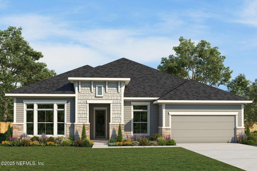 Front exterior of a new home in Oak Grove at SilverLeaf 70’, St. Augustine, FL, highlighting curb appeal (Image 1).
