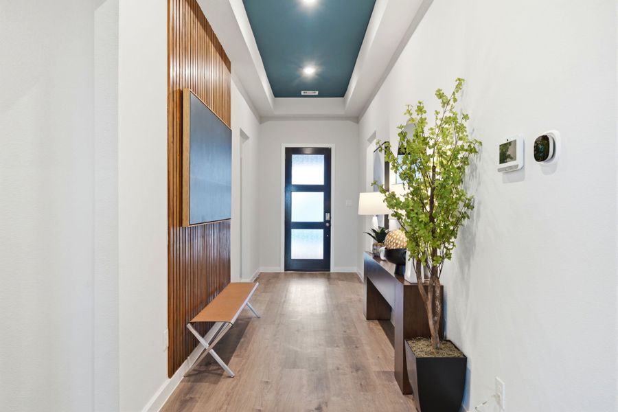 A hallway with a bench and a plant in it. A hallway with a bench and a plant in it.