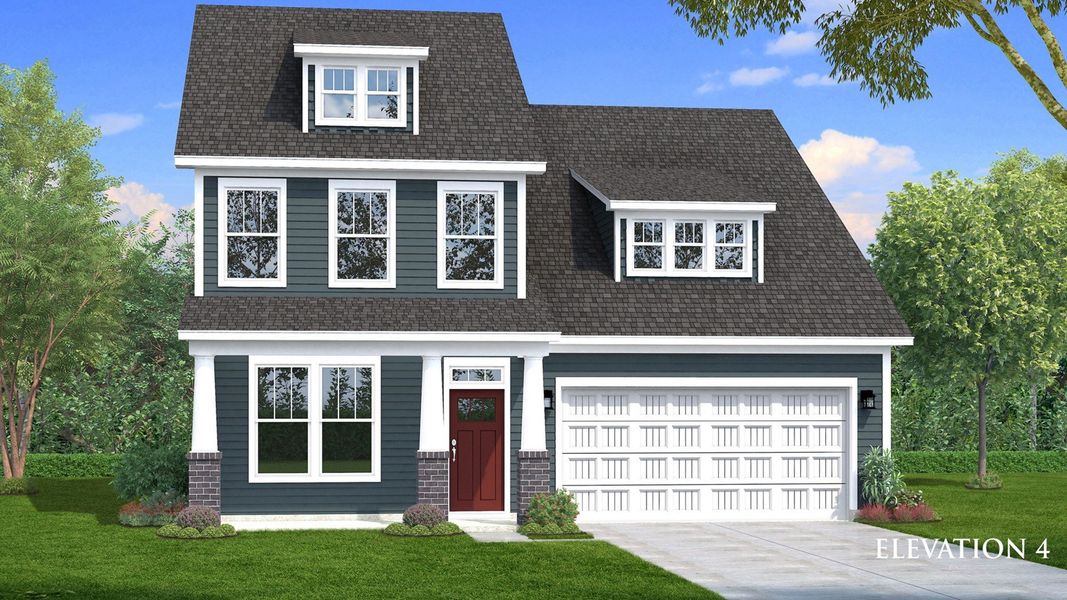 Two-story single family home with blue siding, lots of windows, a covered front porch and 2 car garage.