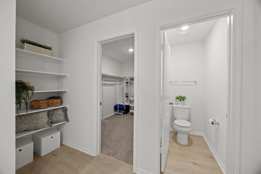 Bathroom with light wood finished floors and a spacious closet