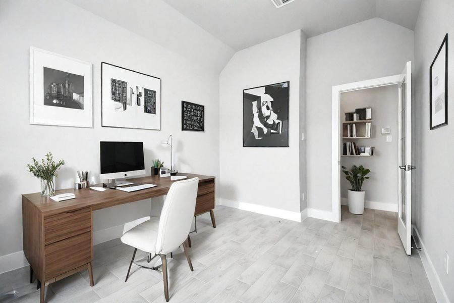 At the forefront of the home, a refined home office beckons productivity and focus. Luxurious details like tile flooring, custom paint, expansive windows with privacy blinds, and glass door create an inspiring workspace. Sample photo of completed home with similar floor plan. Actual colors and selections may vary. At the forefront of the home, a refined home office beckons productivity and focus. Luxurious details like tile flooring, custom paint, expansive windows with privacy blinds, and glass door create an inspiring workspace. Sample photo of completed home with similar floor plan. Actual colors and selections may vary.