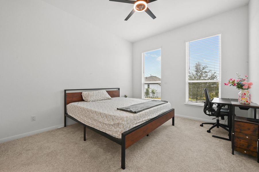 Plentiful natural light streams through tall windows over soft carpeting in this peaceful bedroom.
