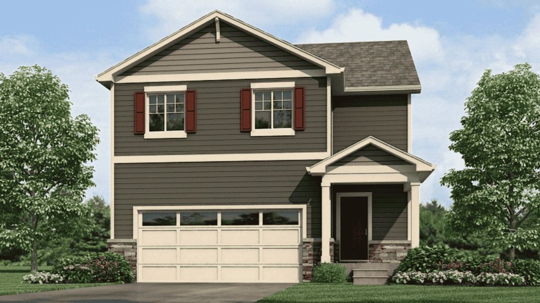 Front exterior of a new home in Granary, Johnstown, CO, highlighting curb appeal (Image 1). Front exterior of a new home in Granary, Johnstown, CO, highlighting curb appeal (Image 1).