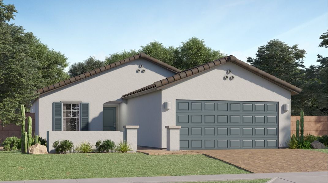 Front exterior of a new home in Ventana Ranch, Buckeye, AZ, highlighting curb appeal (Image 1). Front exterior of a new home in Ventana Ranch, Buckeye, AZ, highlighting curb appeal (Image 1).