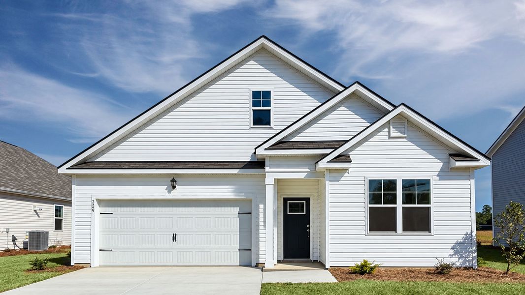 Front exterior of a new home in The Bluffs at Mill Creek, Florence, SC, highlighting curb appeal (Image 1). Front exterior of a new home in The Bluffs at Mill Creek, Florence, SC, highlighting curb appeal (Image 1).