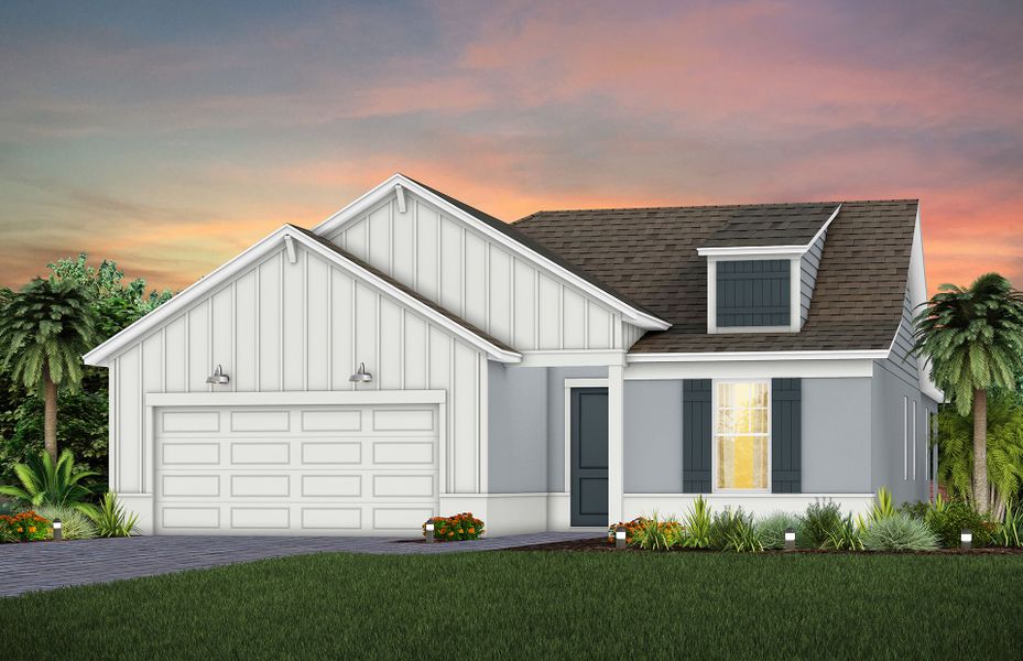 Front exterior of a new home in Del Webb Sunbridge, St. Cloud, FL, highlighting curb appeal (Image 1). Front exterior of a new home in Del Webb Sunbridge, St. Cloud, FL, highlighting curb appeal (Image 1).