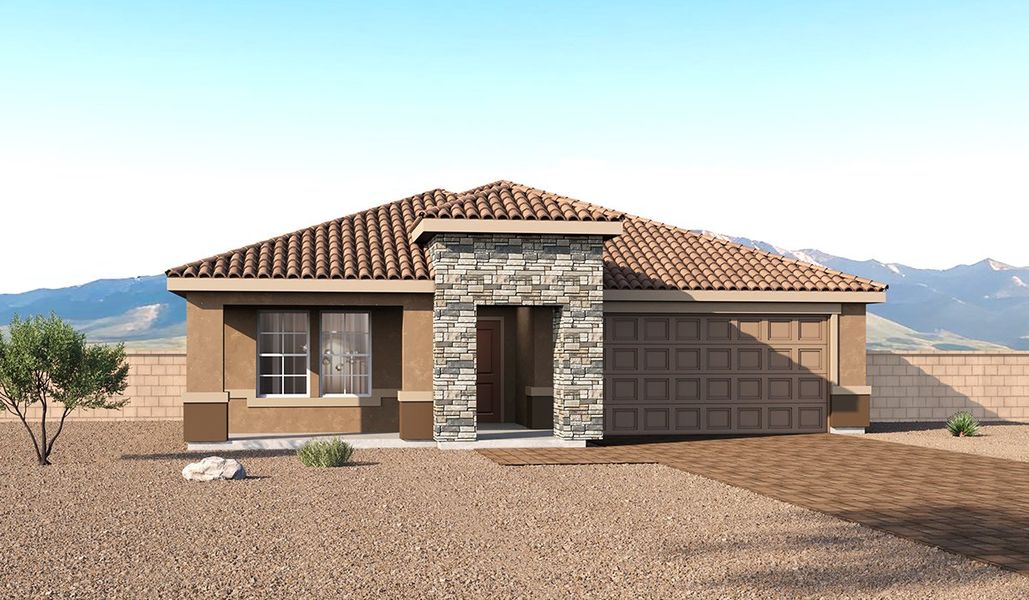 Representative exterior photo of a completed home built from the Dalea - D40D by D.R. Horton in Entrada Del Toro at Rancho Sahuarita, Sahuarita, AZ (Image 4). Representative exterior photo of a completed home built from the Dalea - D40D by D.R. Horton in Entrada Del Toro at Rancho Sahuarita, Sahuarita, AZ (Image 4).