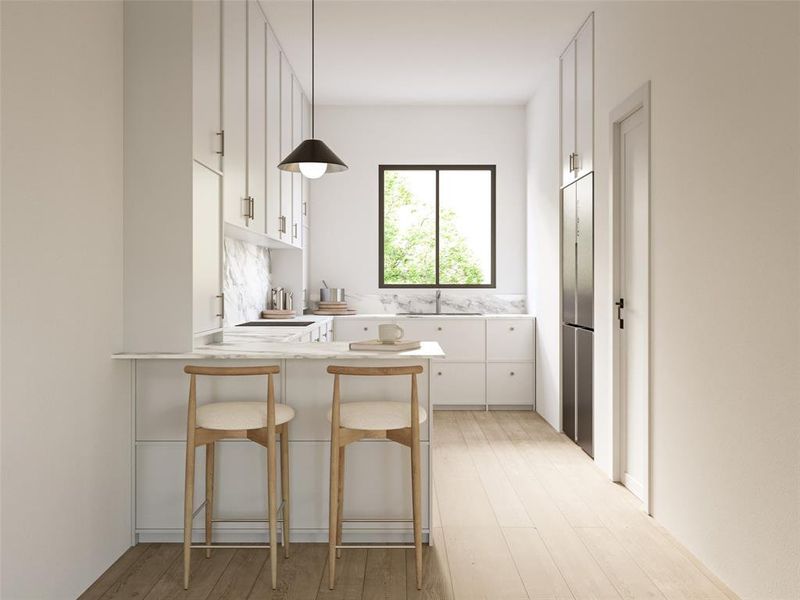 Kitchen with white cabinets, a kitchen breakfast bar, light wood-type flooring, decorative light fixtures, and kitchen peninsula