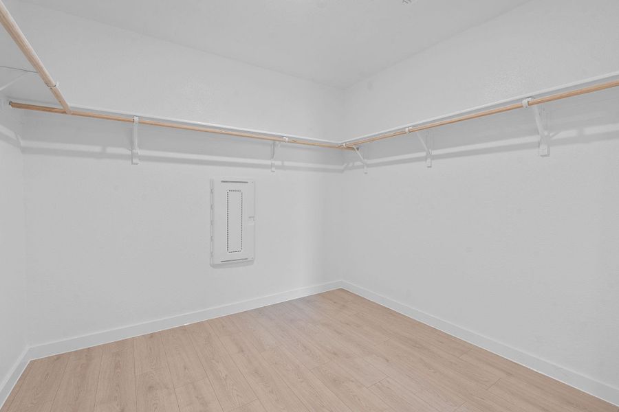 Spacious closet featuring light wood-style floors and electric panel