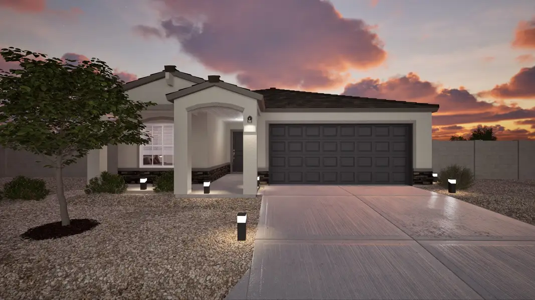 Front exterior of a new home in Cross Creek Ranch, Coolidge, AZ, highlighting curb appeal (Image 1). Front exterior of a new home in Cross Creek Ranch, Coolidge, AZ, highlighting curb appeal (Image 1).