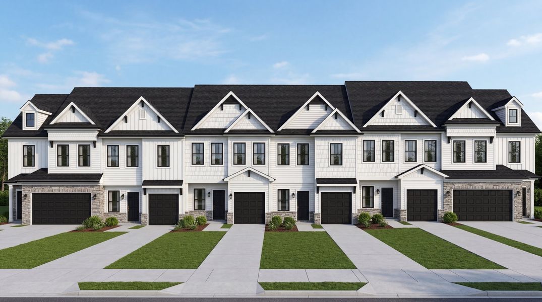 Front exterior of a new home in The Ridge Townhomes, Monroe, NC, highlighting curb appeal (Image 1). Front exterior of a new home in The Ridge Townhomes, Monroe, NC, highlighting curb appeal (Image 1).