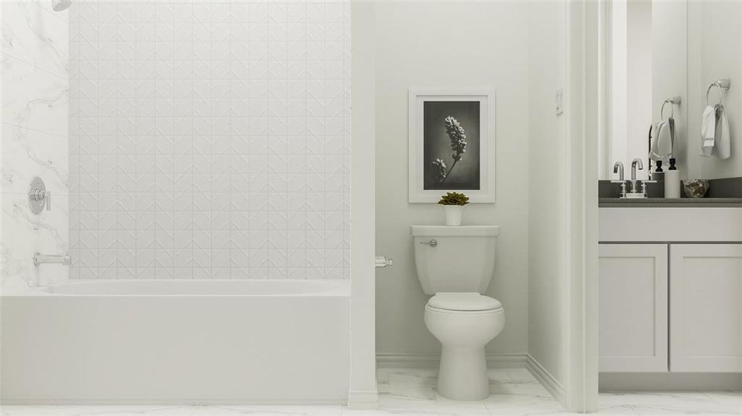 Full bathroom with vanity, toilet, and tiled shower / bath combo