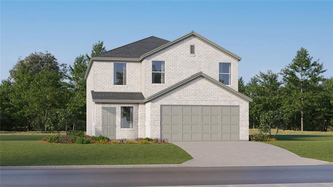 View of front property with a front yard and a garage